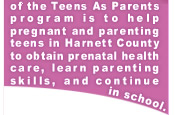 Teens As Parents program, helping pregnant and parenting teens in Harnett County to obtain prenatal health care, learn parenting, sklils, and continue in school.